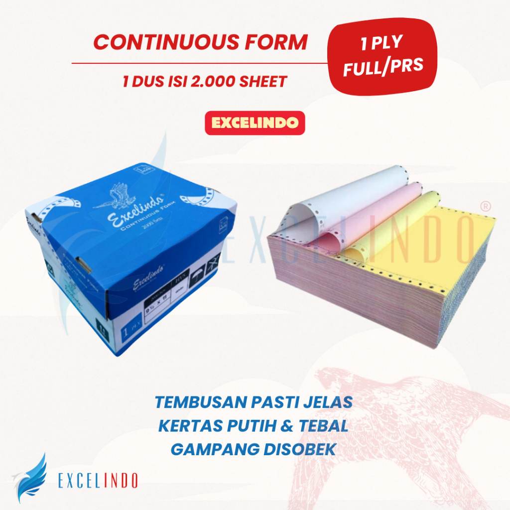 

Excelindo Kertas Continuous Form 1 ply HVS ukuran 9 1/2x11 FULL/PERFORASI/WARTEL