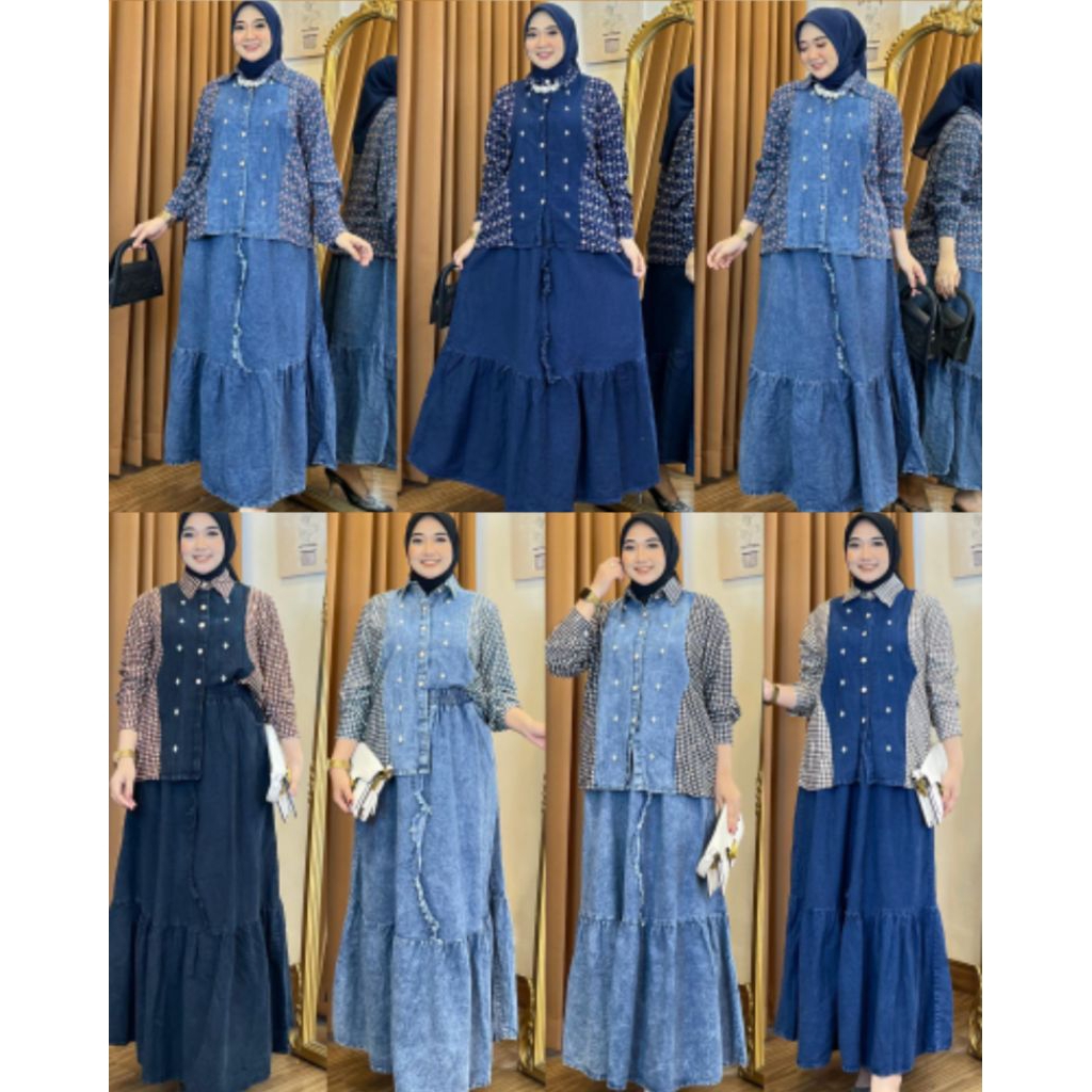 25 (MT.UL) PLUM MARINE SETROK Baju Atasan set Rok Jeans Wanita Muslimah.