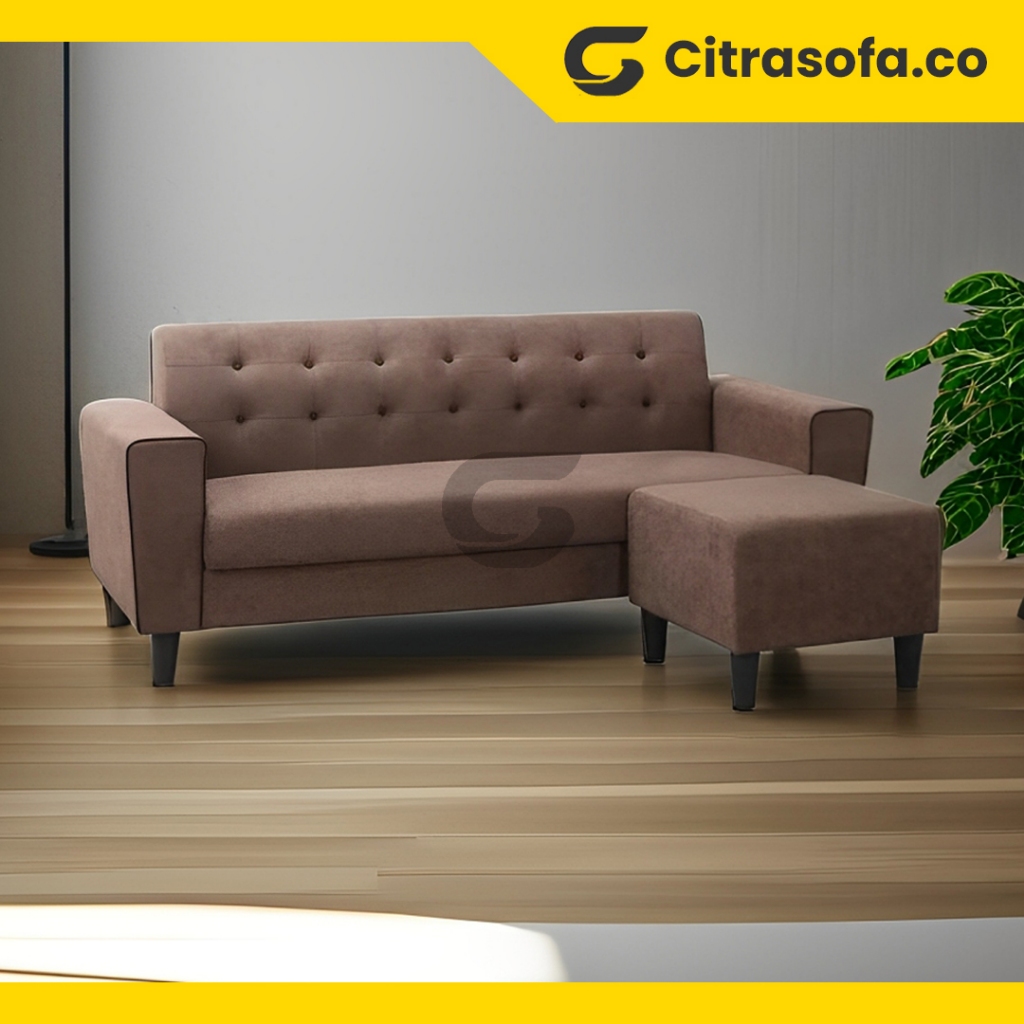 Sofa 3 Dudukan + Puff Fleksibel - Sofa L Convertible Minimalis Warna coklat, Multifungsi