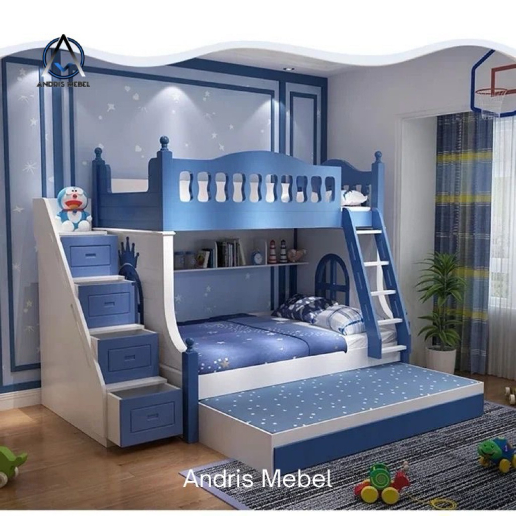 Tempat tidur tingkat anak kayu 3 susun, Ranjang tingkat murah, Kasur anak tingkat minimalis