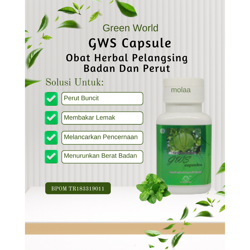 Green World GWS Capsule – Kapsul Herbal Pelangsing Badan & Perut Buncit | Obat Diet Alami Aman BPOM 