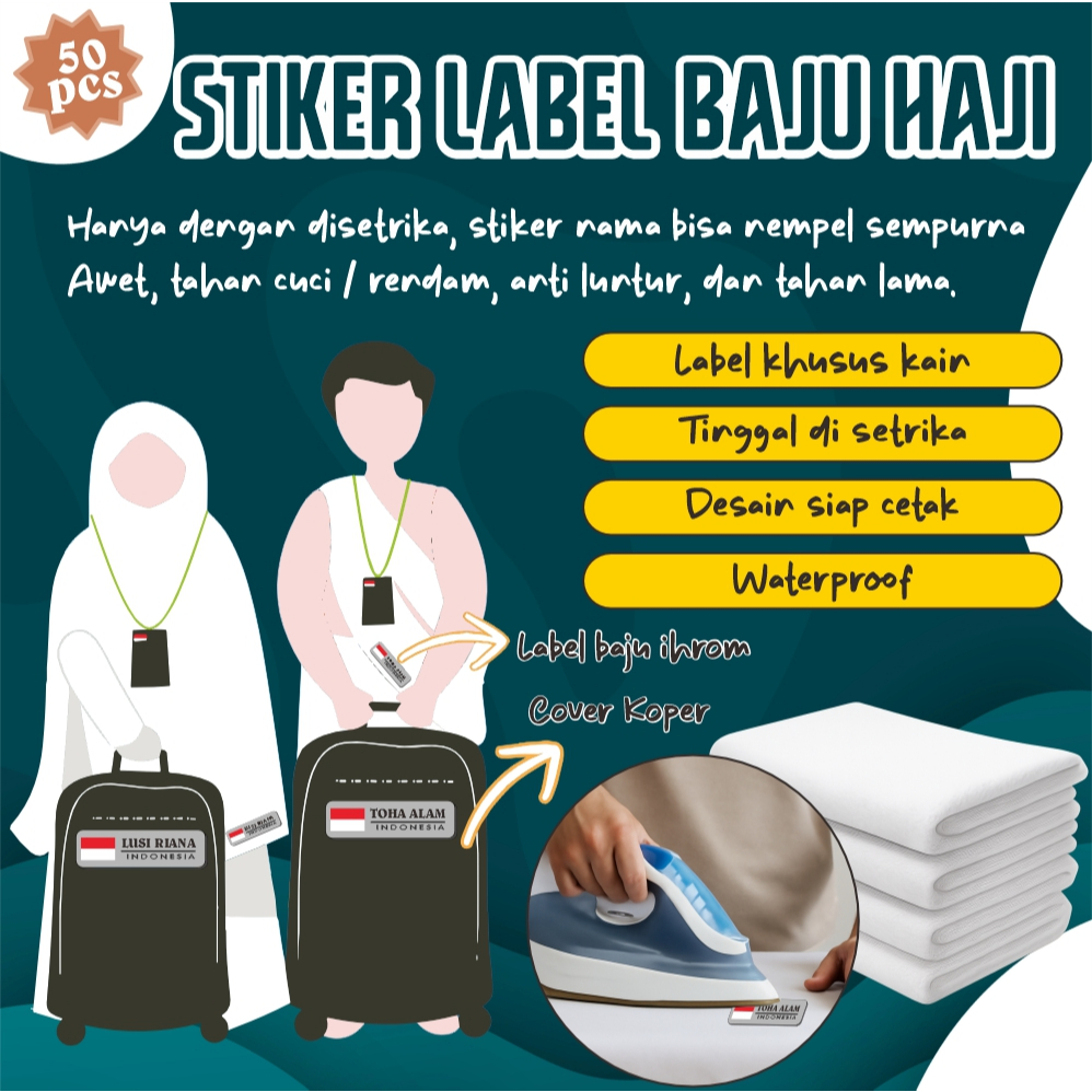 

Label Nama Baju HAJI-Isi 50Pcs-Stiker Kain Nama Custom- Stiker Kain Setrika - Label Baju anti Luntur