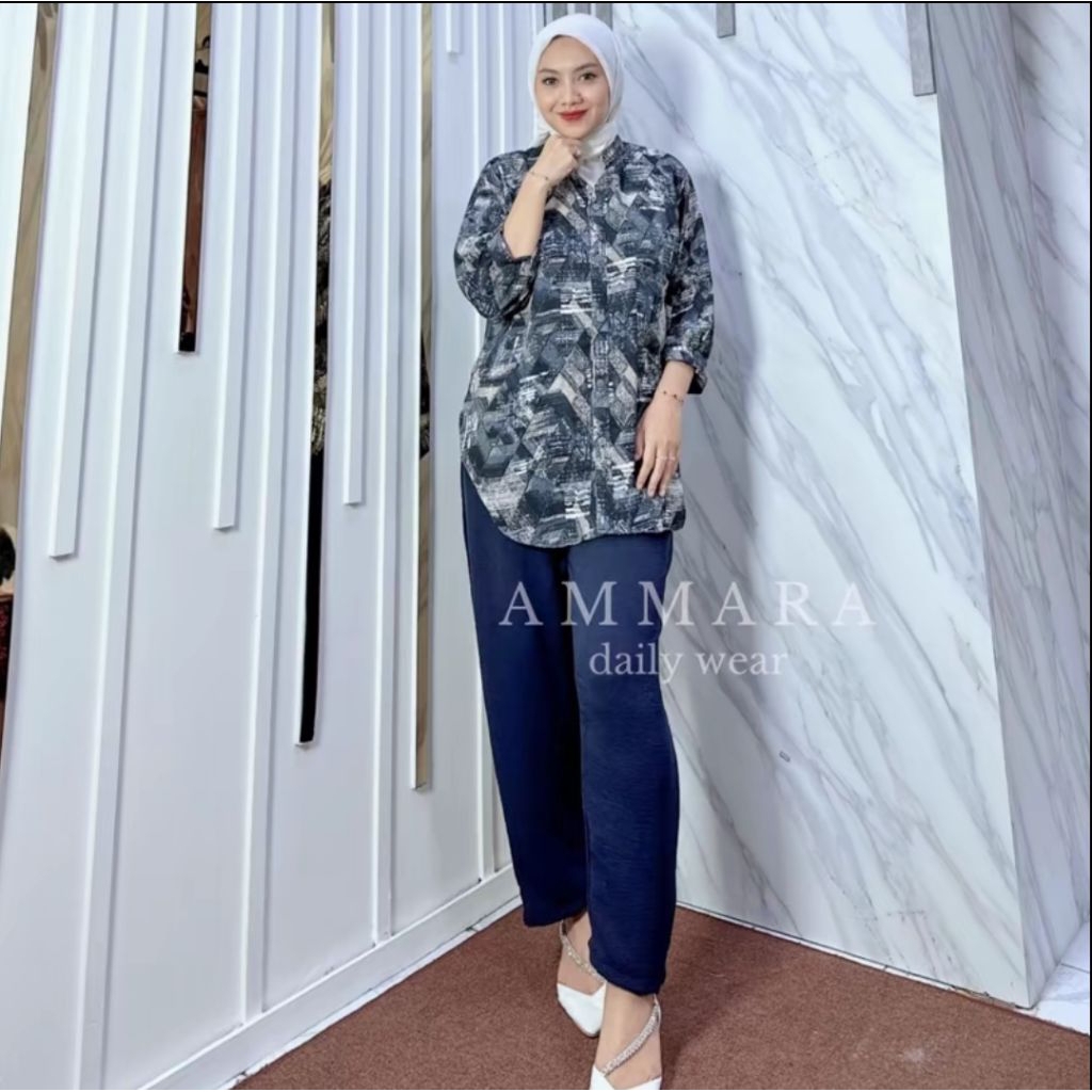 kiana basic setelan celana by ammara-setelan crinckle-oneset kombinasi corak polos