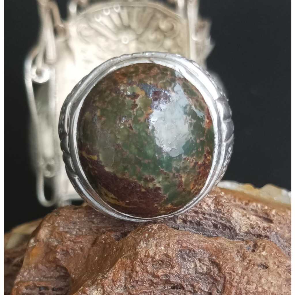 Natural Pirus Persia Hijau Tua Jenong Big Size Ring Perak 925 HM