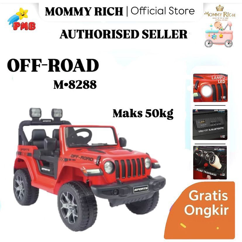 MOBIL AKI ANAK JEEP RUBICON OFFROAD BESAR PMB M-8288 DUAL GEARBOX DAN 2 AKI 12V SNI RESMI REMOTE CON