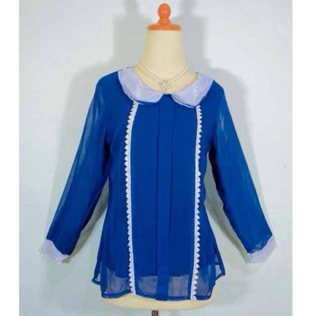 Atasan blouse blus wanita vintage bahan siffon sifon motif polos basic kerah model sailor peterpan c