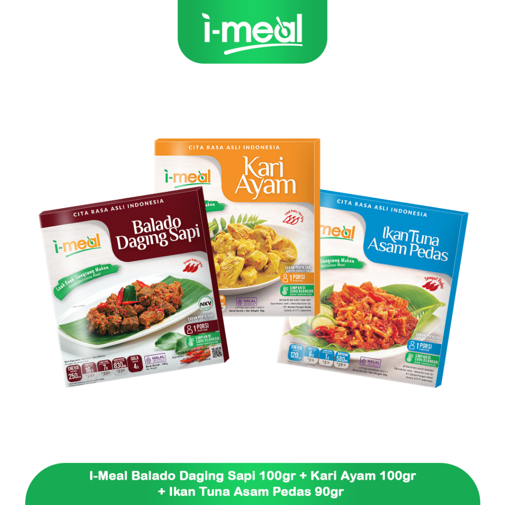 

I-Meal Balado Daging Sapi dan Kari Ayam dan Ikan Tuna Asam Pedas i-meal Siap Makan