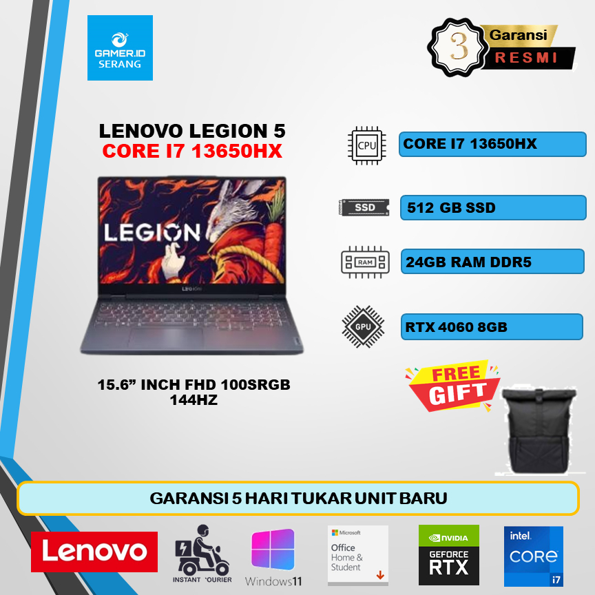 LENOVO LEGION 5 15 I7 13650HX RTX4060 8GB/ 24GB 512GB W11+OHS 15.6FHD 144HZ 100SRGB 3Y ULT+3ADP GARA