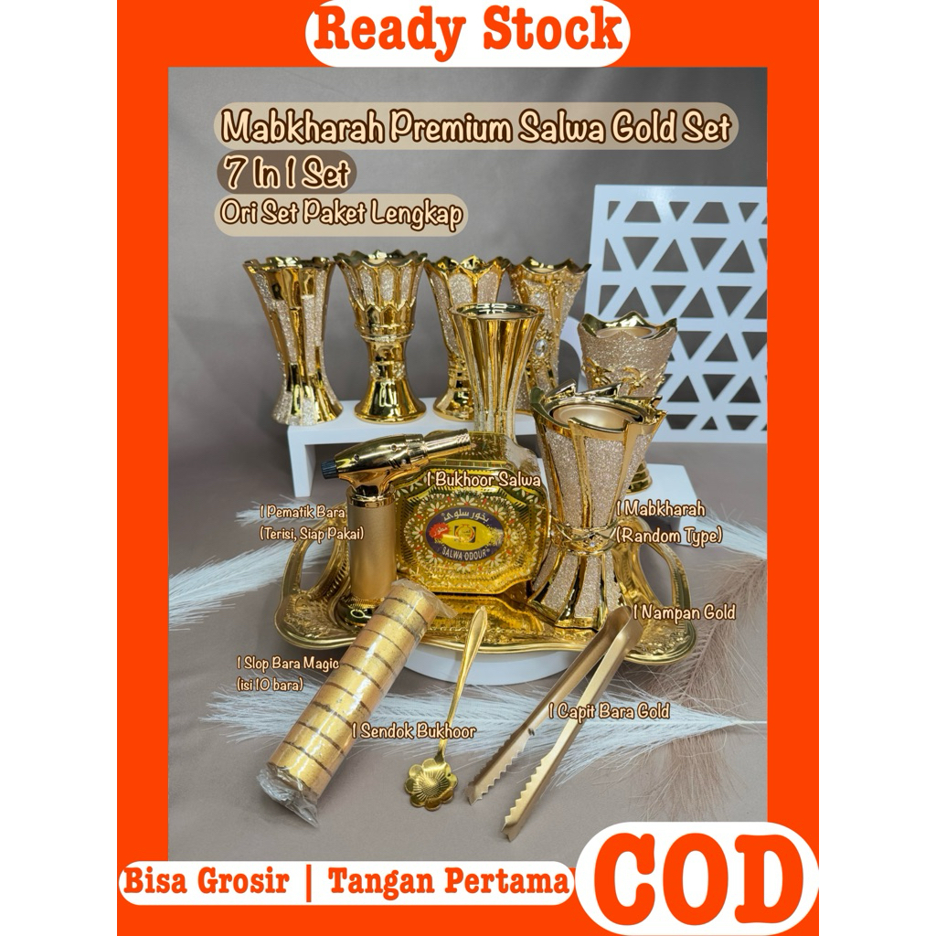 (GROSIR) 7 In 1 Set Premium Gold Salwa Bukhoor Set Gold Salwa Mabkharah Set 1 Mabkharah 1 Nampan Sta