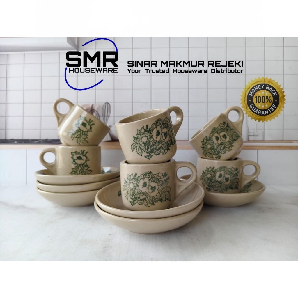 CANGKIR KOPI KERAMIK MOTIF BUNGA 6 PCS + SAUCER | GELAS KERAMIK JADUL UNIK