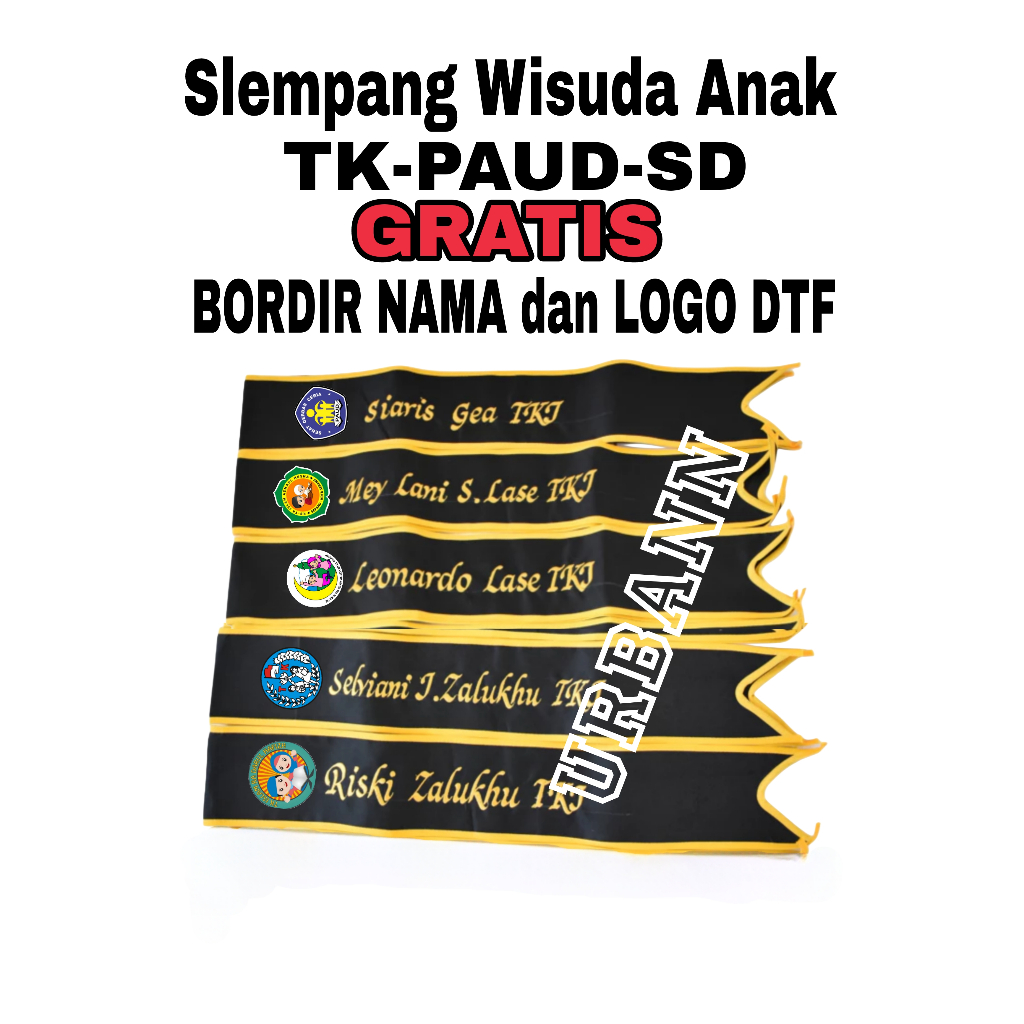Slempang Wisuda Anak GRATIS LOGO & NAMA PAUD TK SD