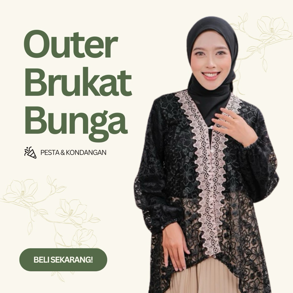 Outer Brukat Kondangan Hitam Motif Bunga Lengan Panjang