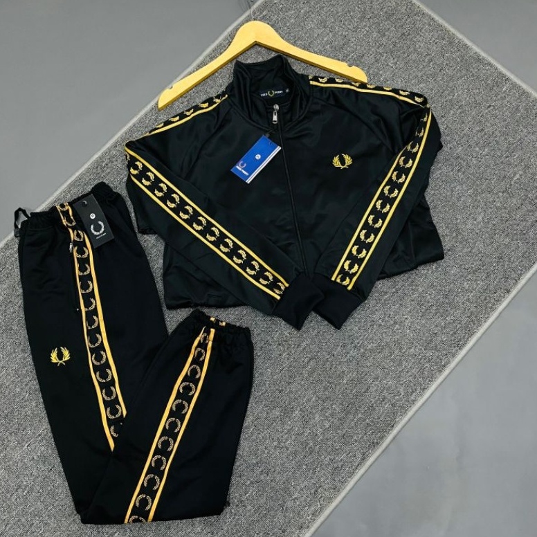 KODE O88K 1Set Jaket Track Top Dan Track Pant Fred Perry Hitam Aplikasi Gold Full Tag