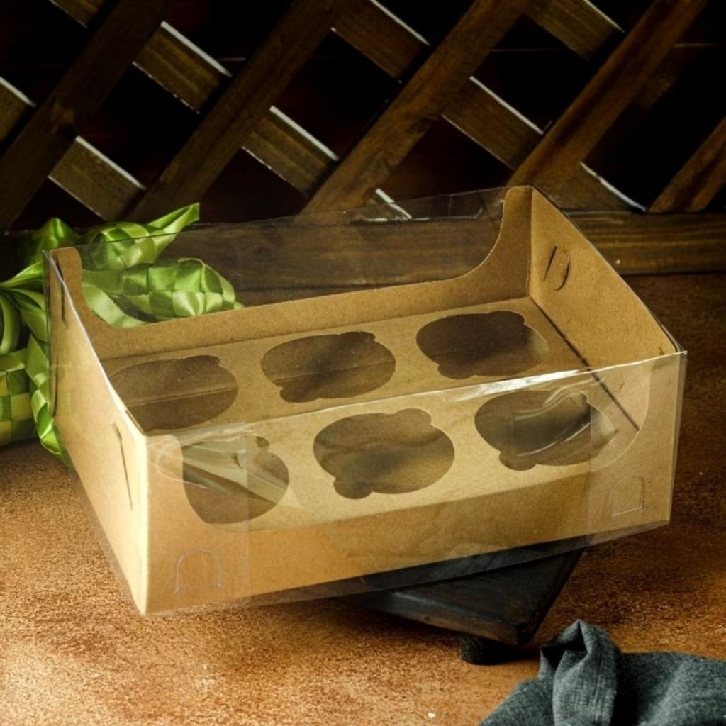

BOX CUPCAKE 6 BROWN - Box pudding window mika kotak packaging puding muffin cake dus kue pie mini 24.5x17x9 cm