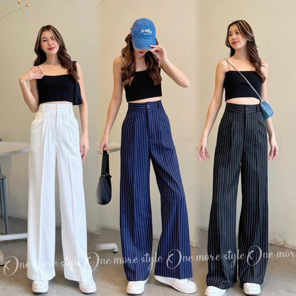 Loose Pants Stripe Trousers Wanita - Celana Kulot Wanita Highwaist -Celana Panjang Wanita Garis Stri