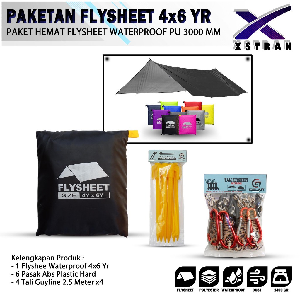 paketan flysheet 4x6 yard + 6 pasak abs + 4 tali guyline flysheet waterproof atap tenda outdoor