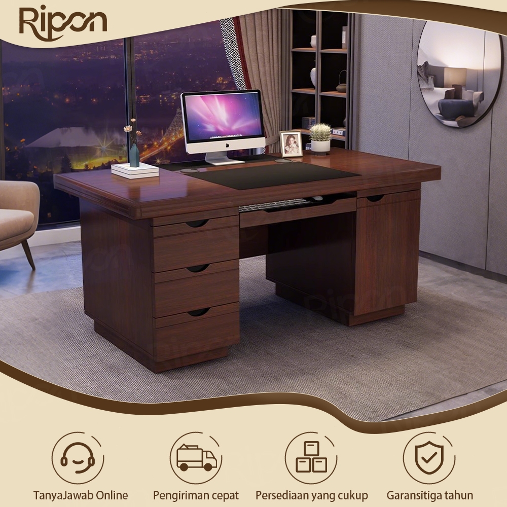 Ripon Meja Komputer Desktop / Meja Tunggal dengan Kunci / Tiga Laci / Keyboard Rest + Kabinet Utama 