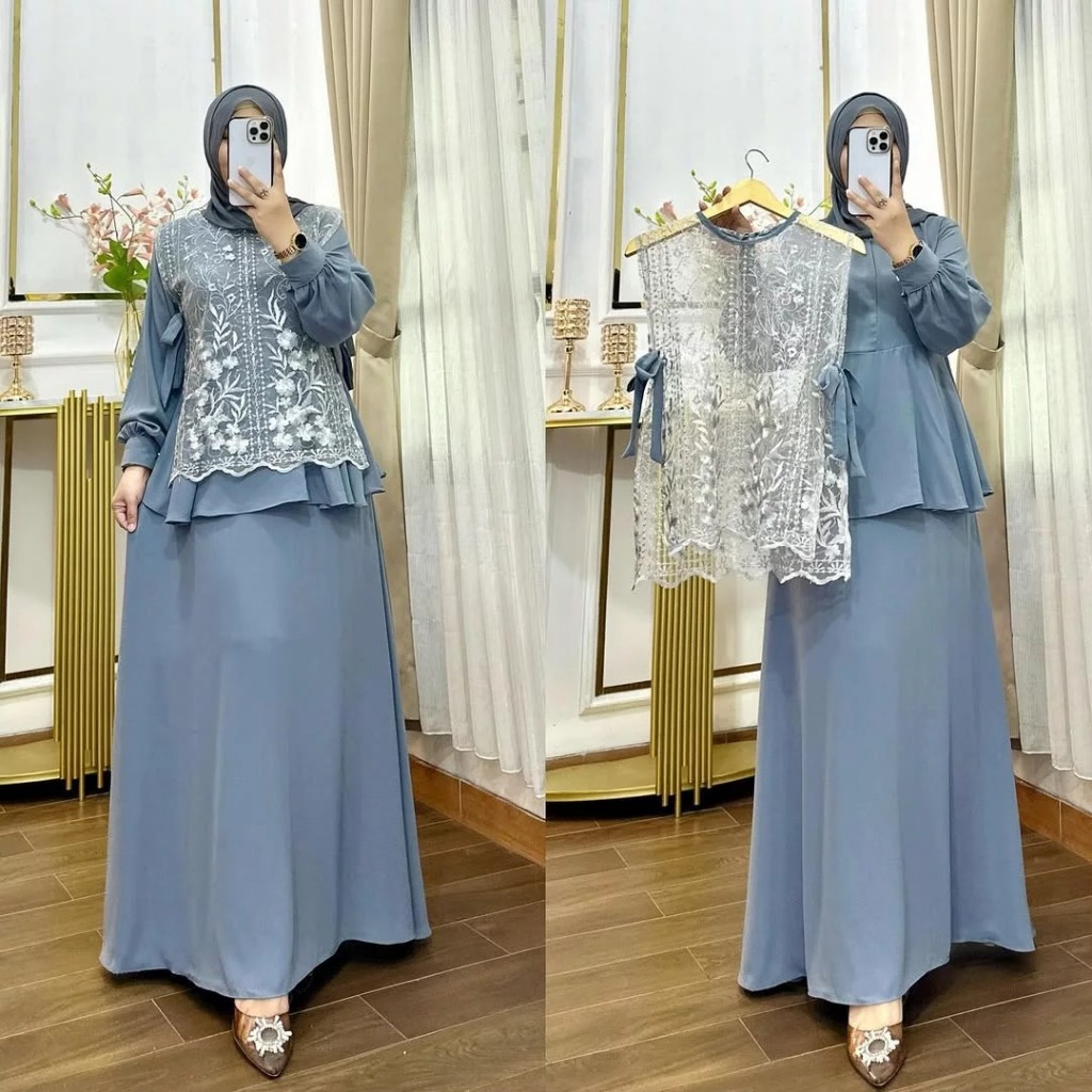 Baju Gamis Muslimah Elegan Naura Dress KF Size M L XL XXL Bahan Ceruty Baby Doll Mix Brukat Warna Bl