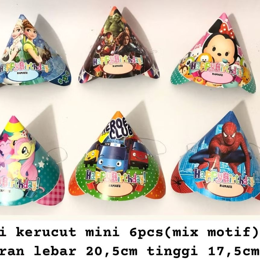 6pcs TOPI KERUCUT MINI / TOPI ULANG TAHUN KERUCUT / TOPI ULANG TAHUN KARAKTER