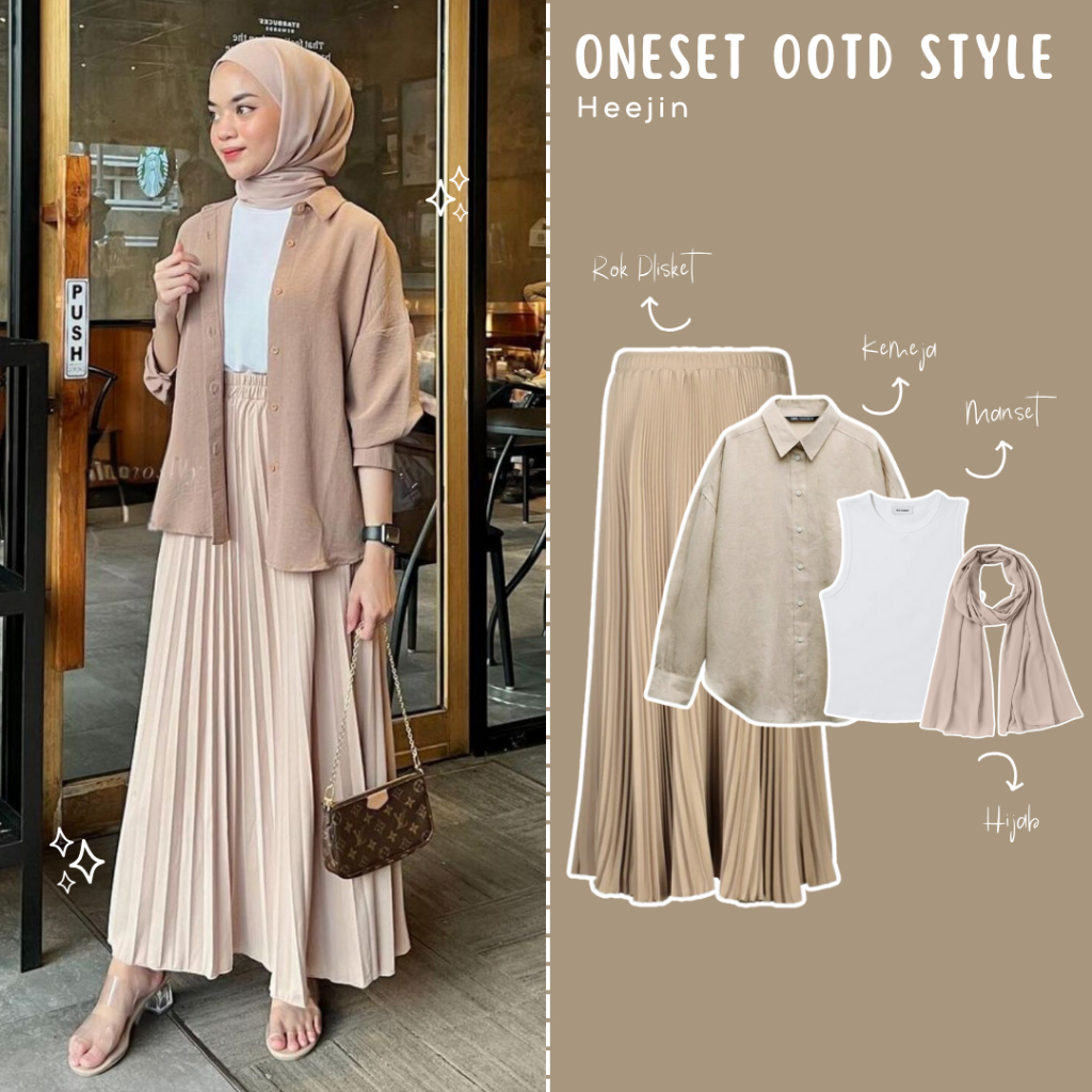 Heejin Outfit Set Wanita Kekinian ( Kemeja, Manset, Rok, Pashmina ) Oneset Wanita OOTD Hijab Casual