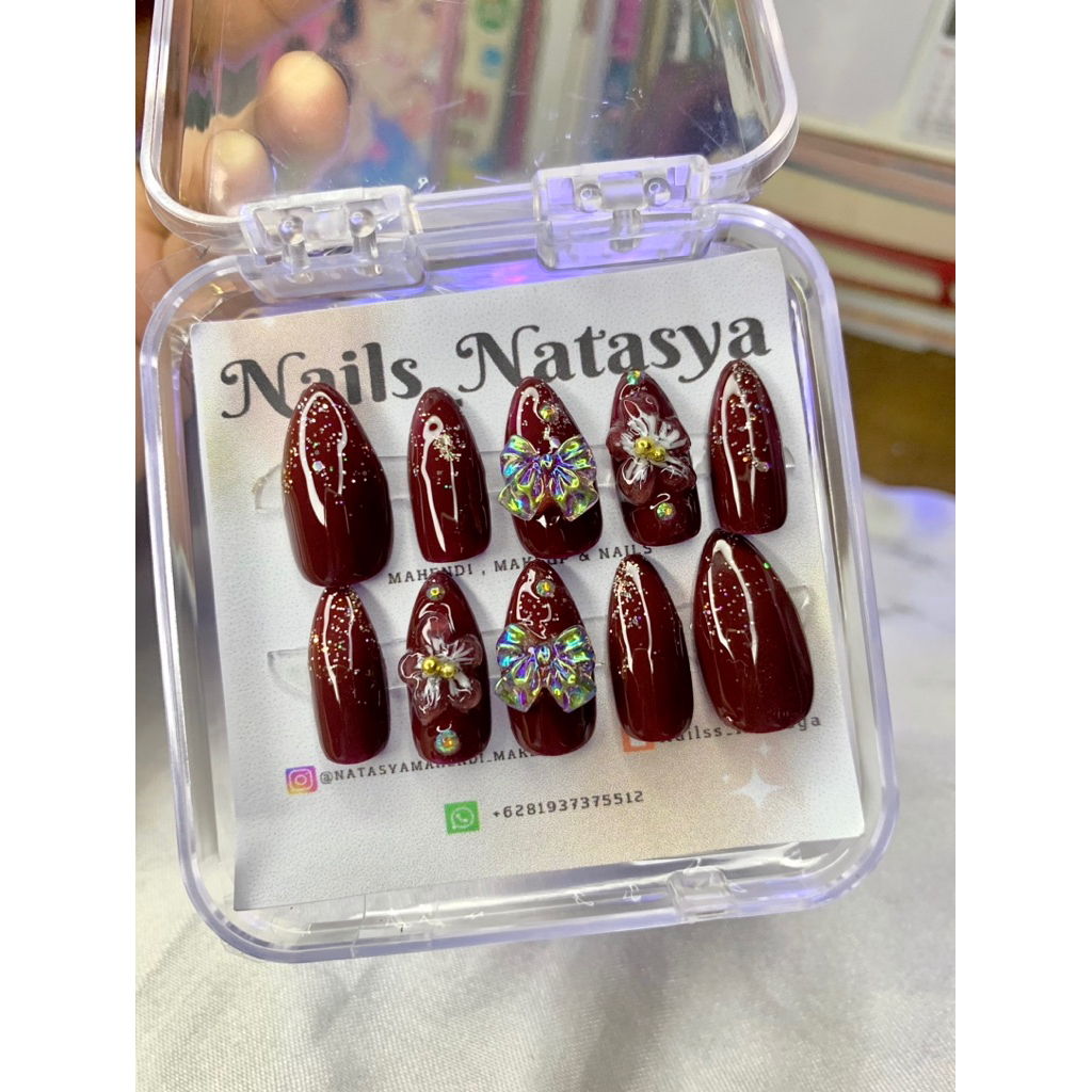 fake nails ,fake nails handmade, press on nails,maroon,3D, 10 pcs ,full motif ,free lem