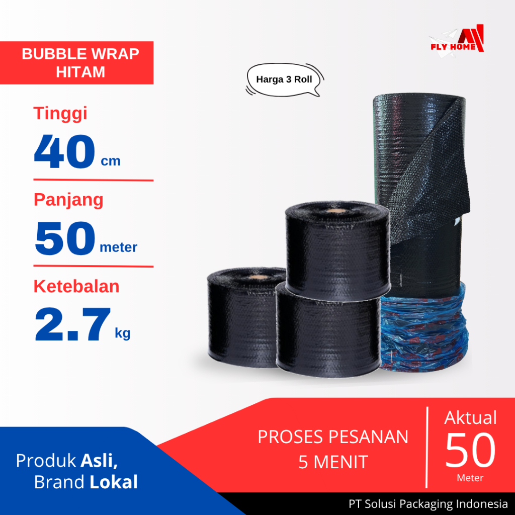 

FLYHOME Bubble wrap hitam potongan 40cm 2,7kg 3 roll hitam 40x50meter