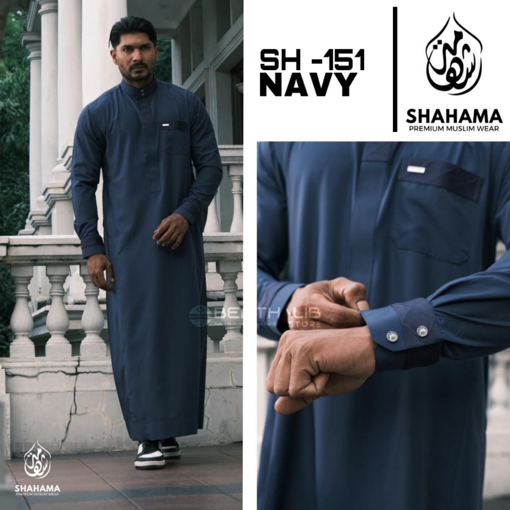 Thobe Shahama SH-151 Navy Exclusive Couple Baju Gamis Jubah Pria Dewasa Lengan Panjang