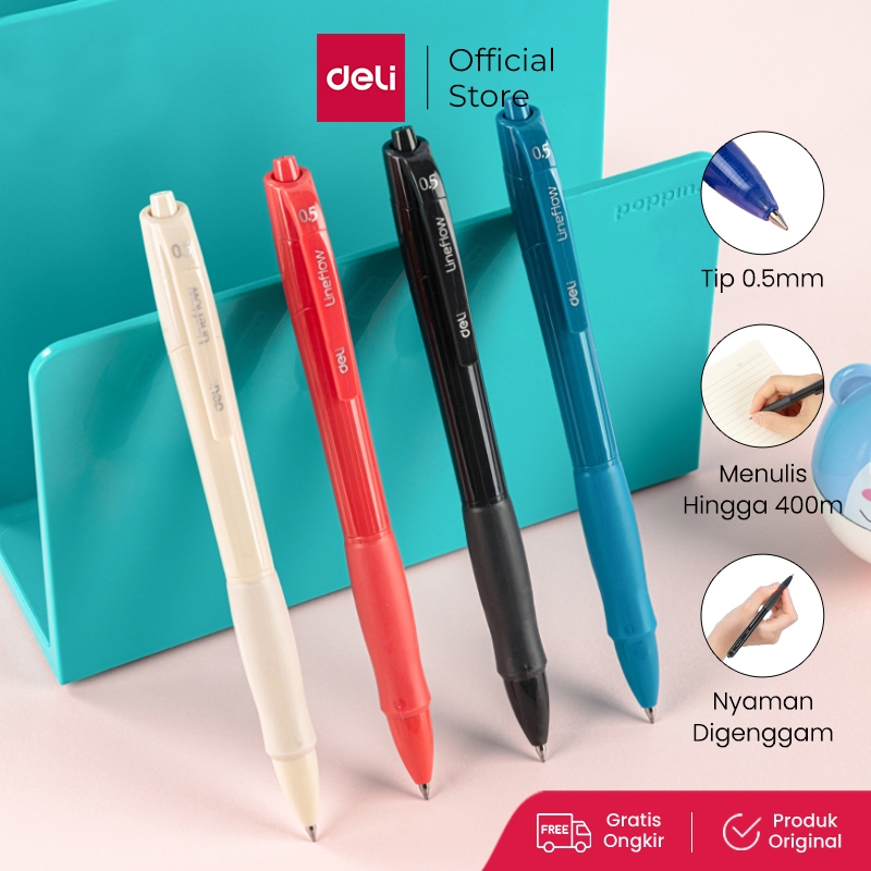 

Deli Gel Pen Pulpen Gel Retractable 0.5mm 3 Warna Bullet Tip Hitam Biru Merah, 1/3/6 pcs S08
