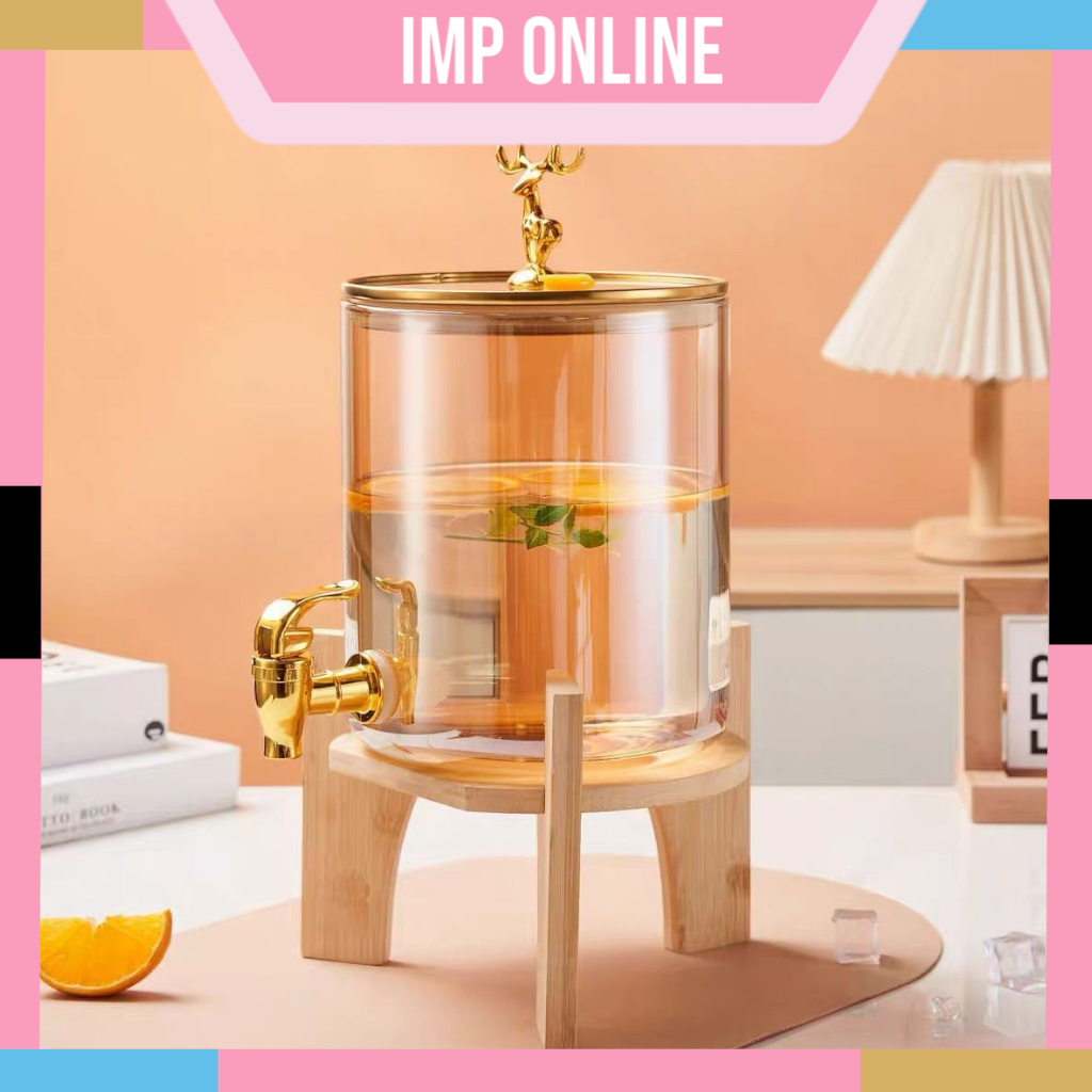 IMP- Dispenser Air Kaca | Ketel Air Dingin Kaca Tatakan Kayu | Tempat Minuman KACA | Dispenser Minum