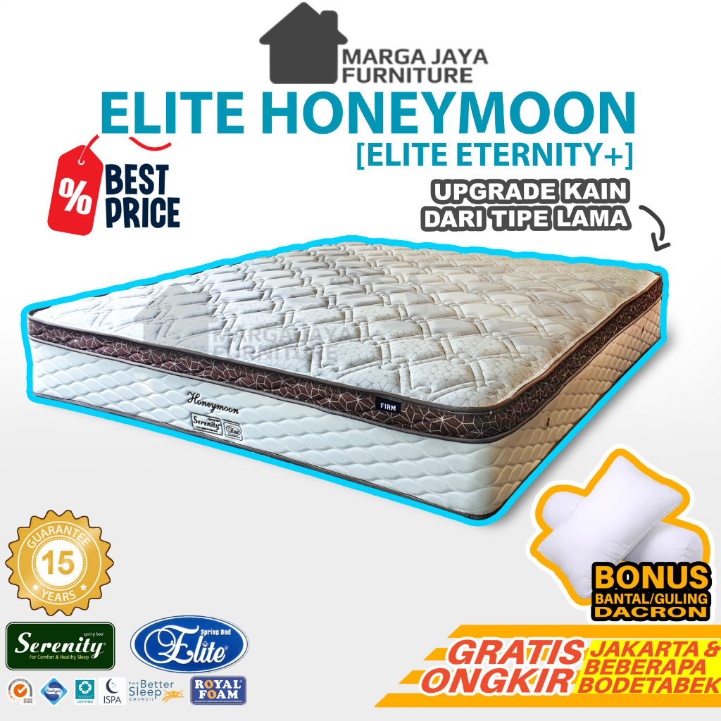 Springbed Kasur Elite Serenity Eternity Honeymoon Plushtop 90 120 160 180 x 200 Queen Size Double