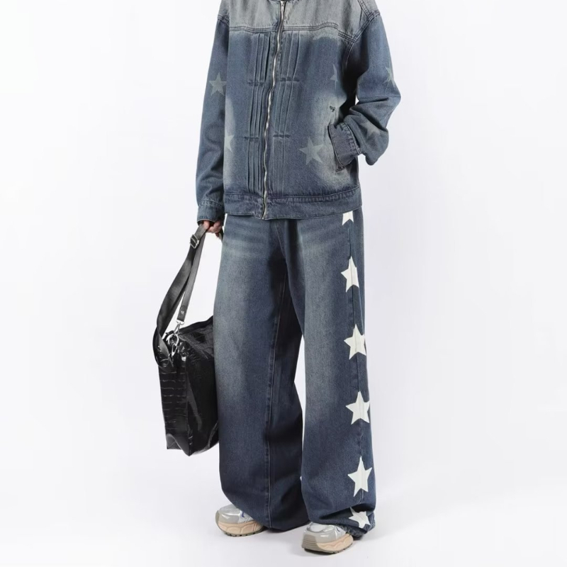 OVERSIZE VINTAGE Celana Jeans Pria Baggy Skena Denim Kulot Jumbo Pola Bintang Korean Style Straight