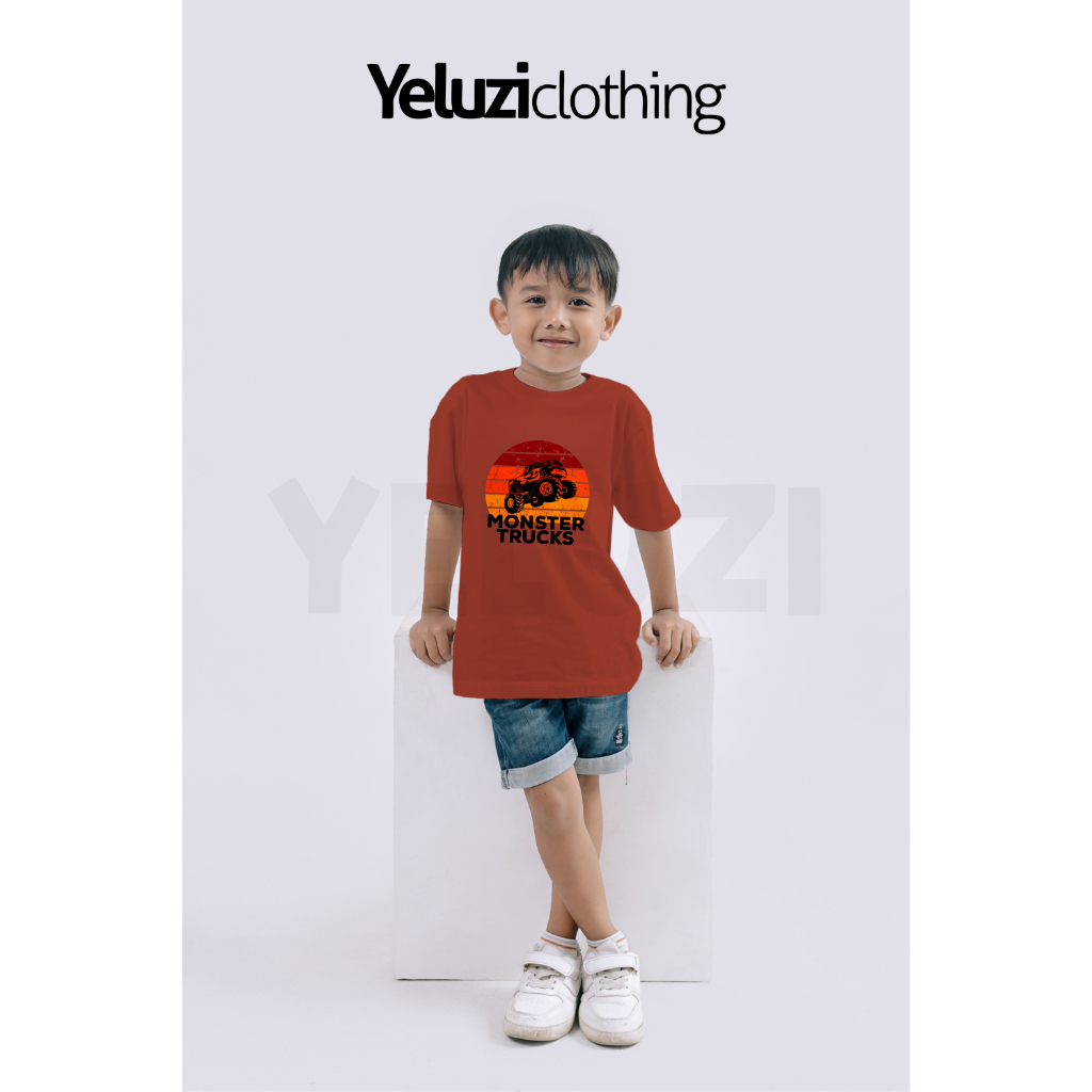 Kaos Oblong Anak Laki-Laki - Monster Trucks - Terracotta/Merah Bata - Katun 24s - YELUZI