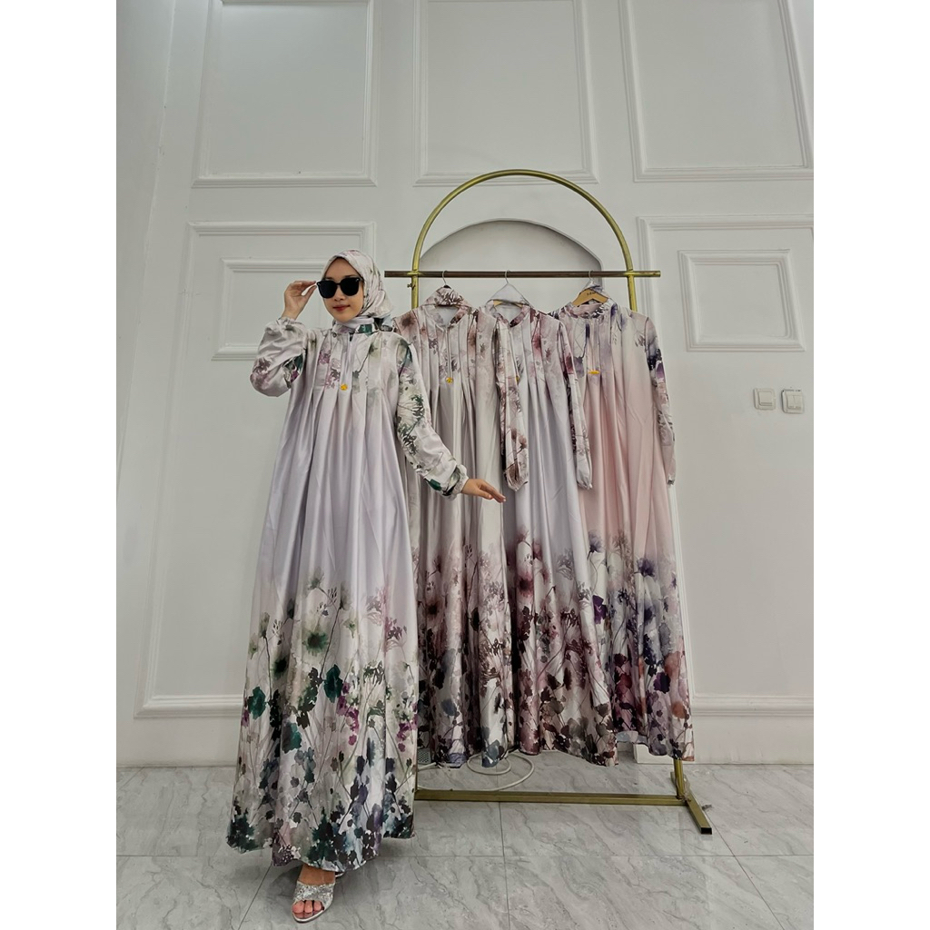 Gamis Armany silk motif BUNGA KERTAS GARIS DADA set hijab