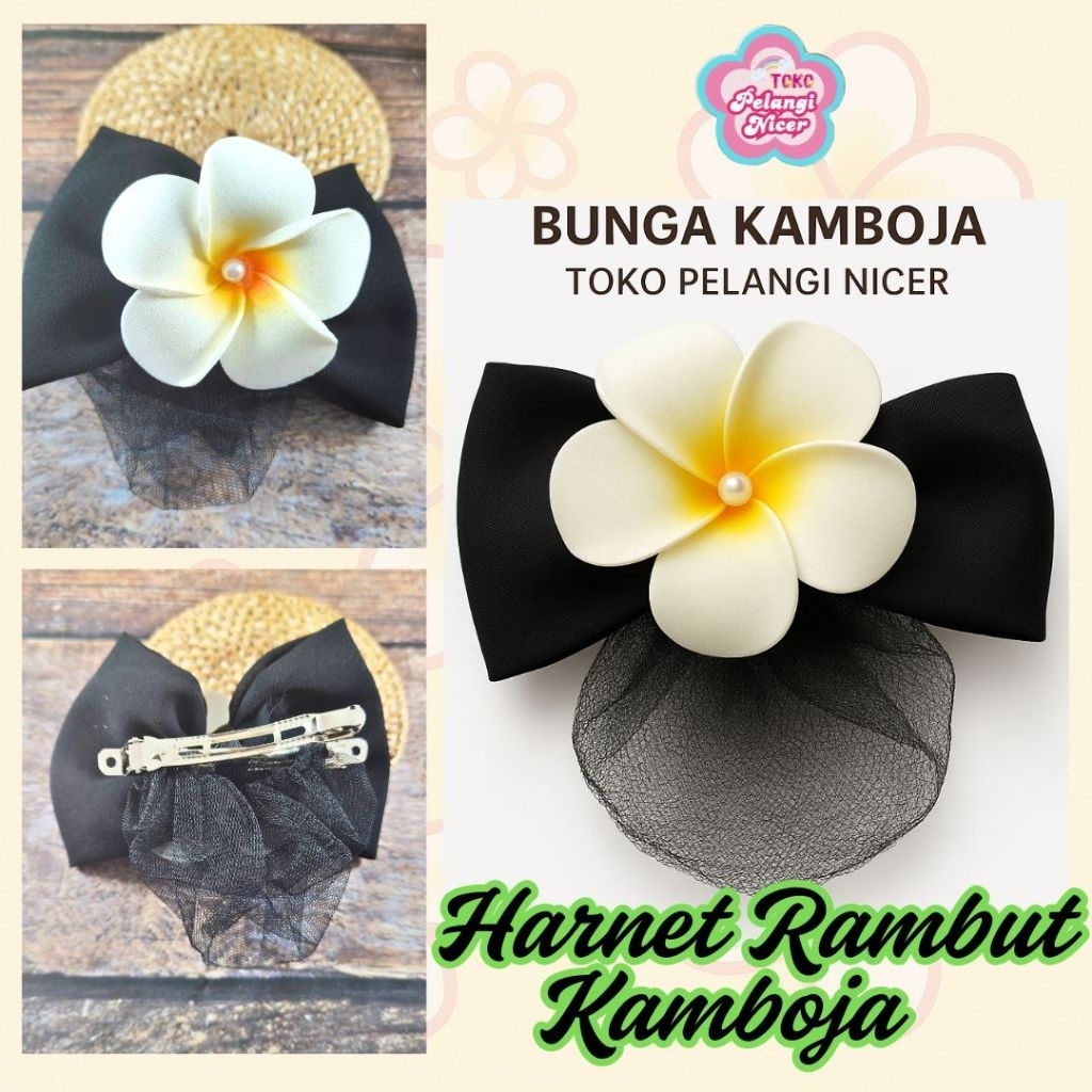 Jepit Rambut Kamboja Harnet Wanita Bunga Kamboja – Jepit Jepun Harnet Elegan dengan Pita dan Harnet 