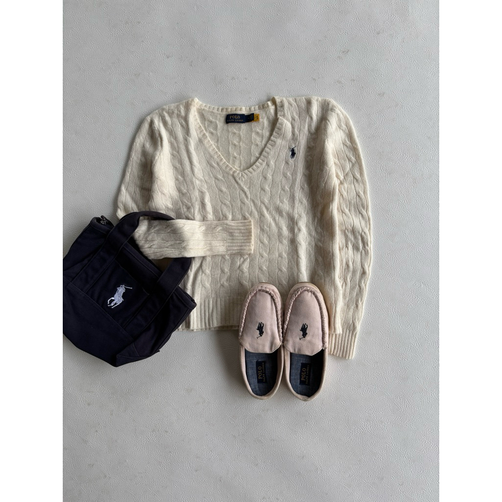 Polo Ralph Lauren Cable Wool V Neck Cream Sweater