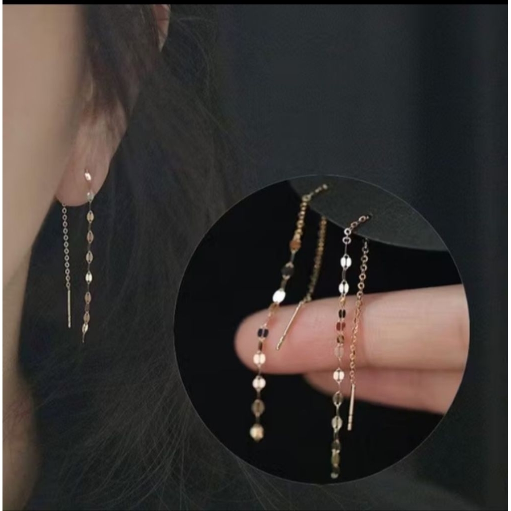 Anting titanium tusuk jarum panjang rumbai motif pecah kopi