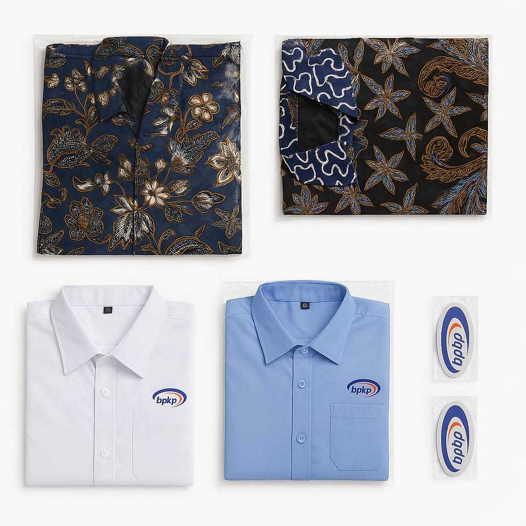 Paket Bundling Pakaian Wanita BPKP (Kemeja Putih, PDH Biru, Batik Setaman, Batik Buketan, 2 Pin Magn