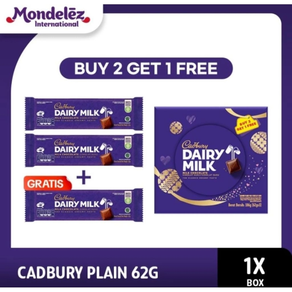 

[Beli 2 Gratis 1] Cadbury Dairy Milk Chocolate 62 Gr (3 x 62 Gr) - Free Box