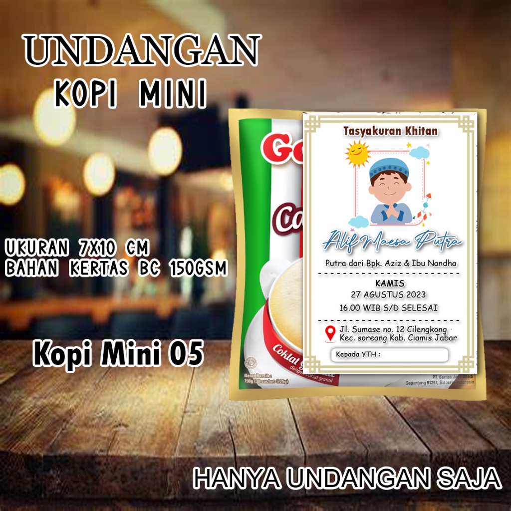 Undangan mini kopi KM 05 khitanan pernikahan ukuran 7.5 x 9 Cm bahan Karton BC
