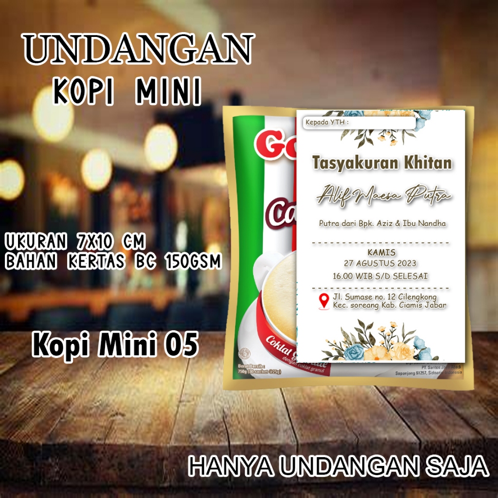 Undangan mini kopi KM 02  khitanan pernikahan ukuran 7.5 x 9 Cm bahan Karton BC