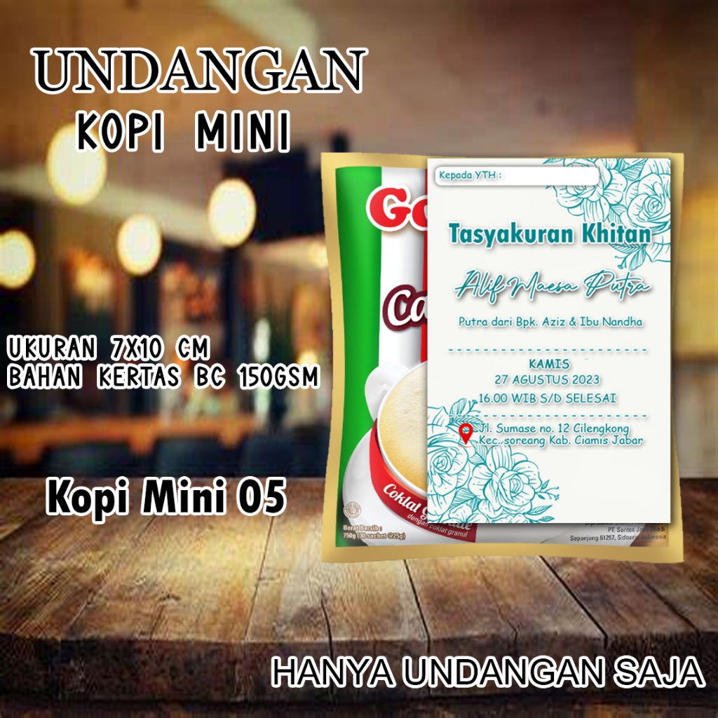 Undangan mini kopi KM 01 khitanan pernikahan ukuran 7.5 x 9 Cm bahan Karton BC