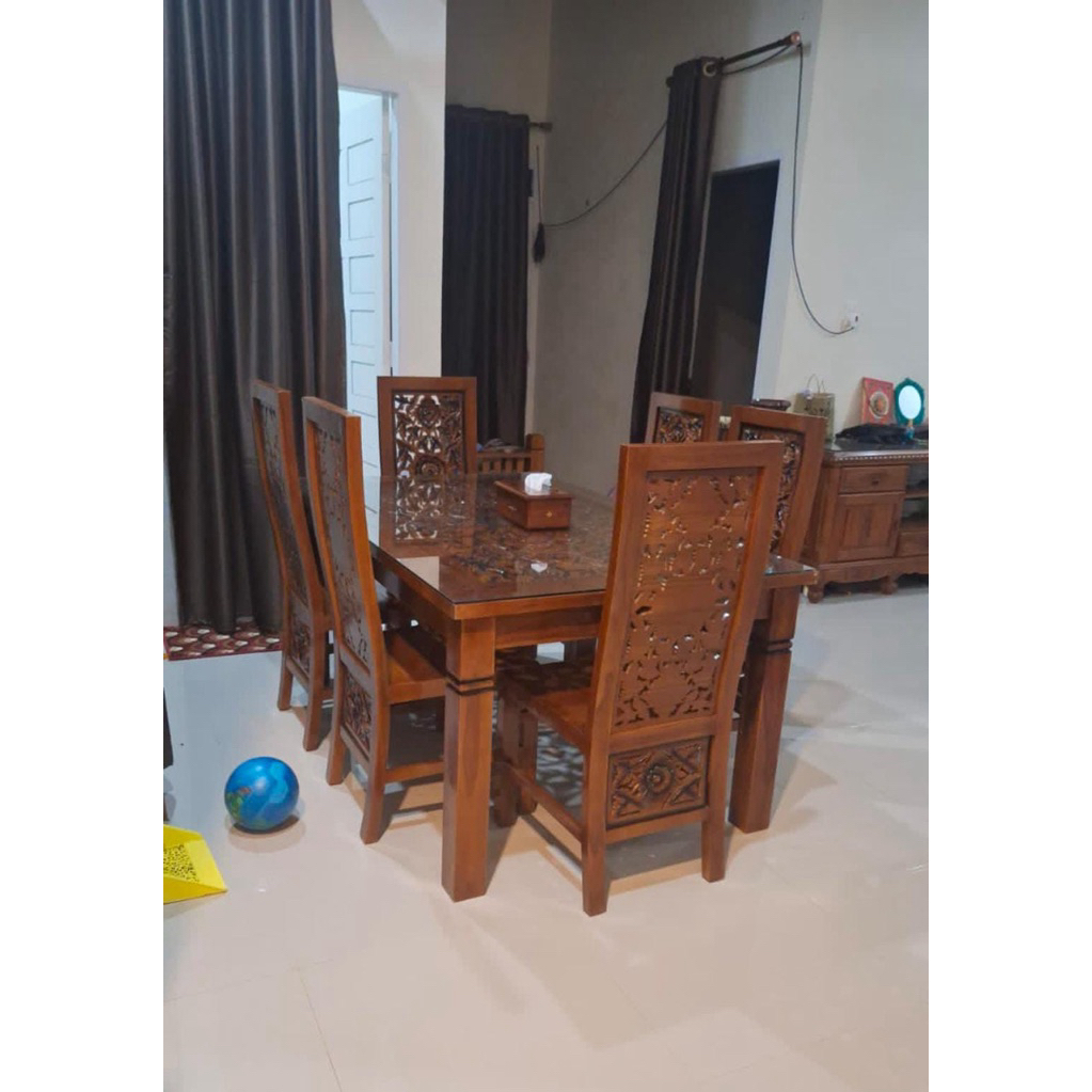meja makan mawar kayu jati sudah kaca