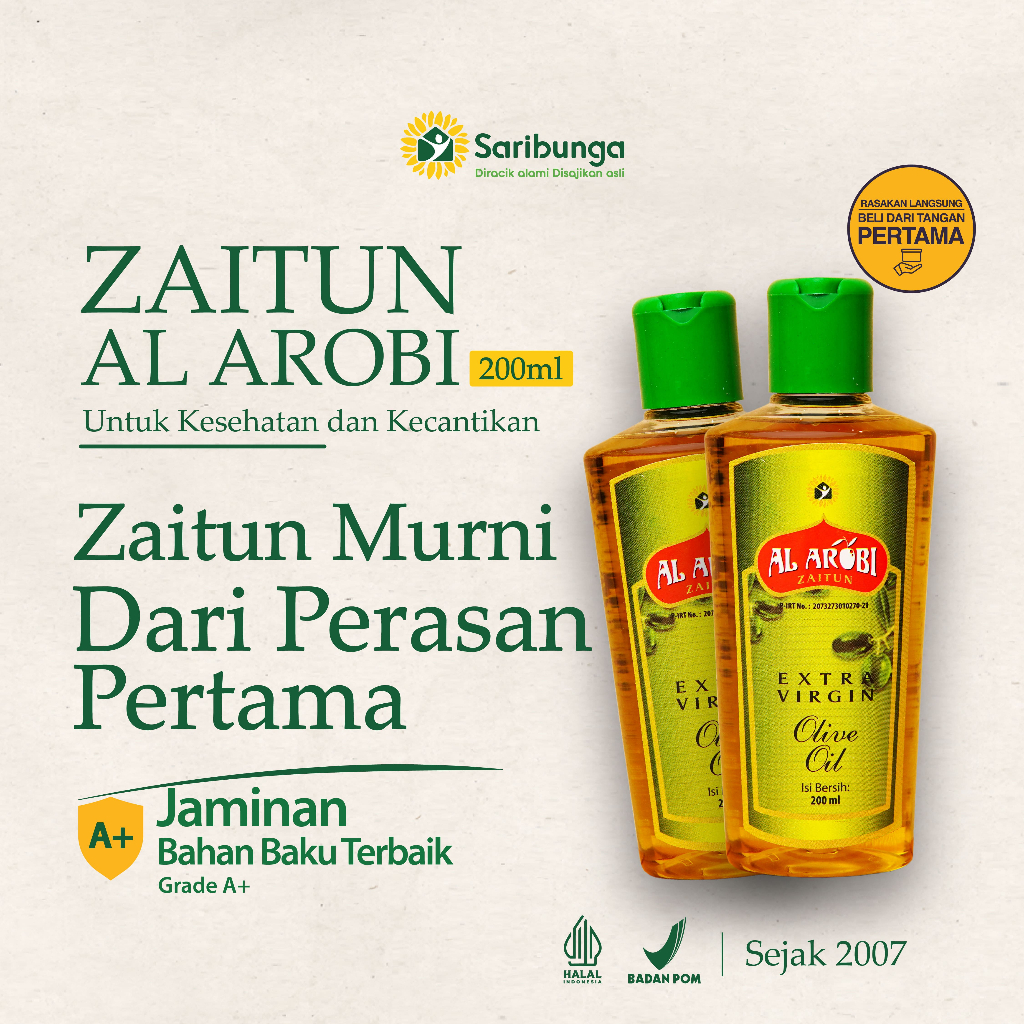 

Al AROBI 200ml - Minyak Zaitun Ekstra Virgin Olive Oil Grade A+ - Mengobati Diabetes Dan Kolesterol