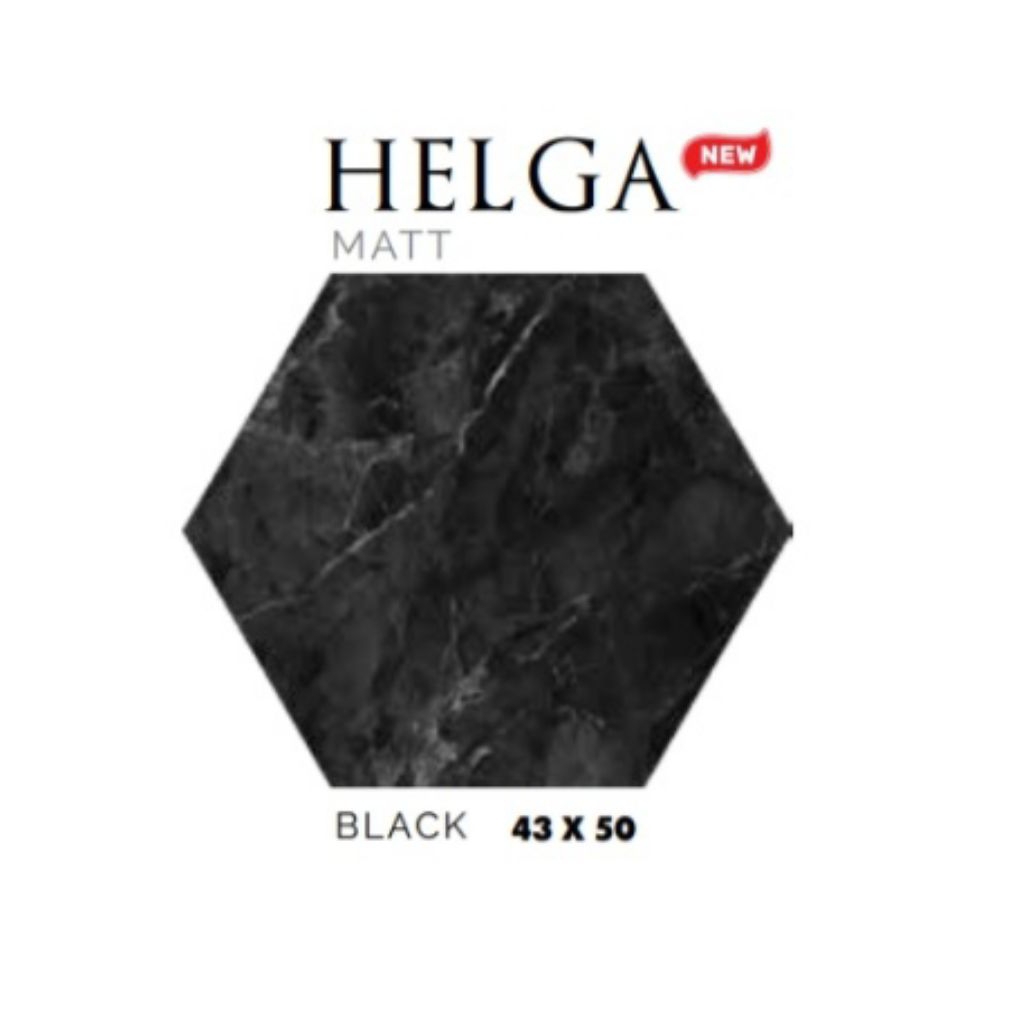 KERAMIK MERK PLATINUM TIPE HELGA BLACK UKURAN 43X50 WARNA HITAM BENTUK HEXAGONAL PERMUKAAN TEKSTURE 