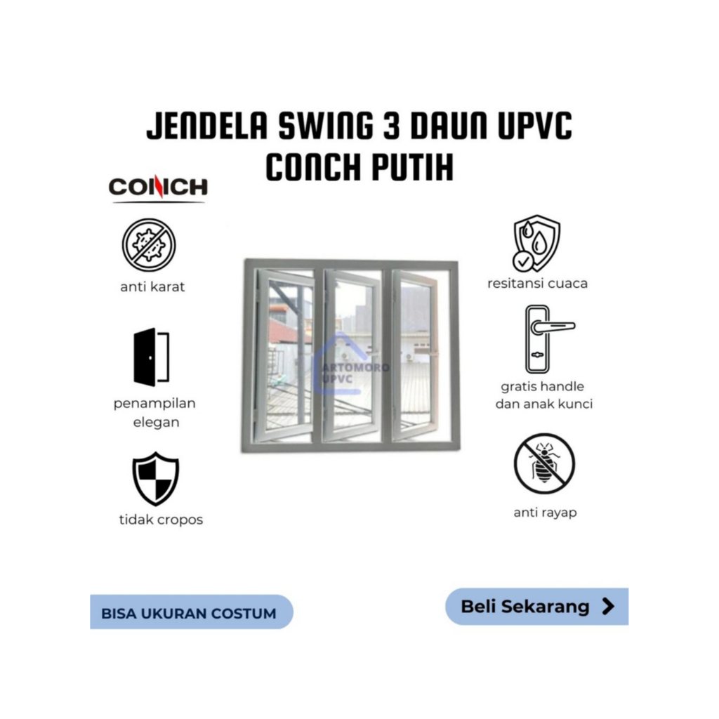 Jendela Swing 3 Daun UPVC Conch Putih