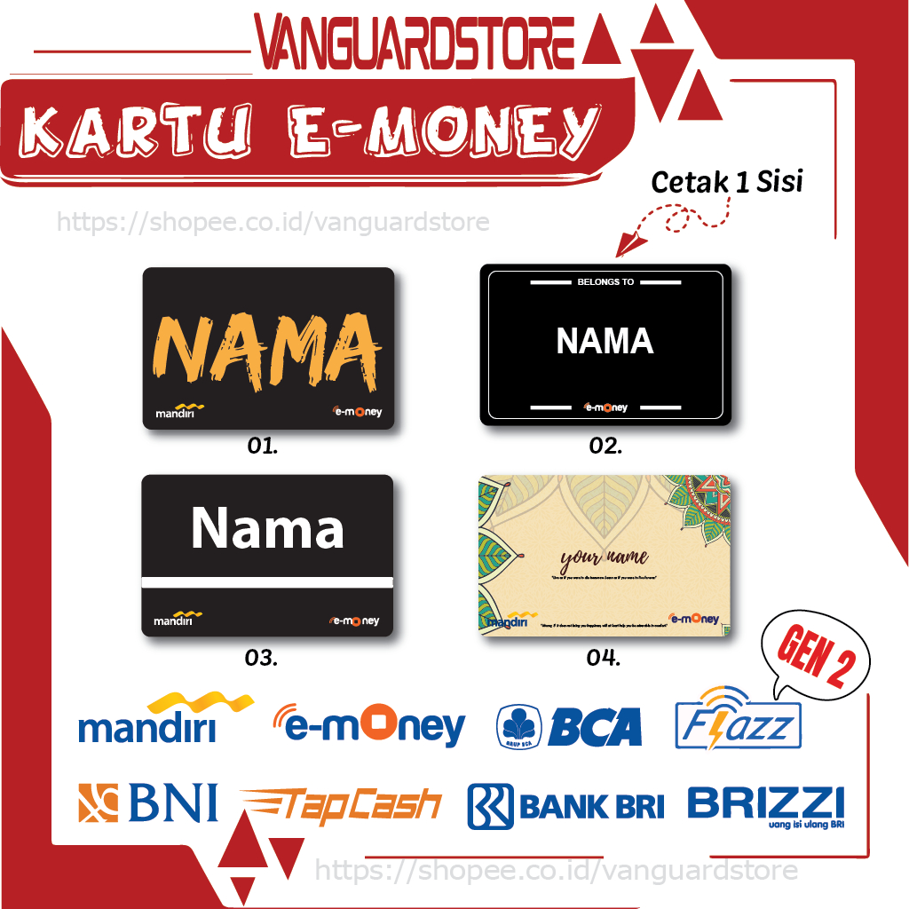 KARTU E MONEY E TOLL CUSTOM NAMA KUMPULAN 1 EMONEY MANDIRI FLAZZ BCA BNI TAPCASH BRIZZI BRI