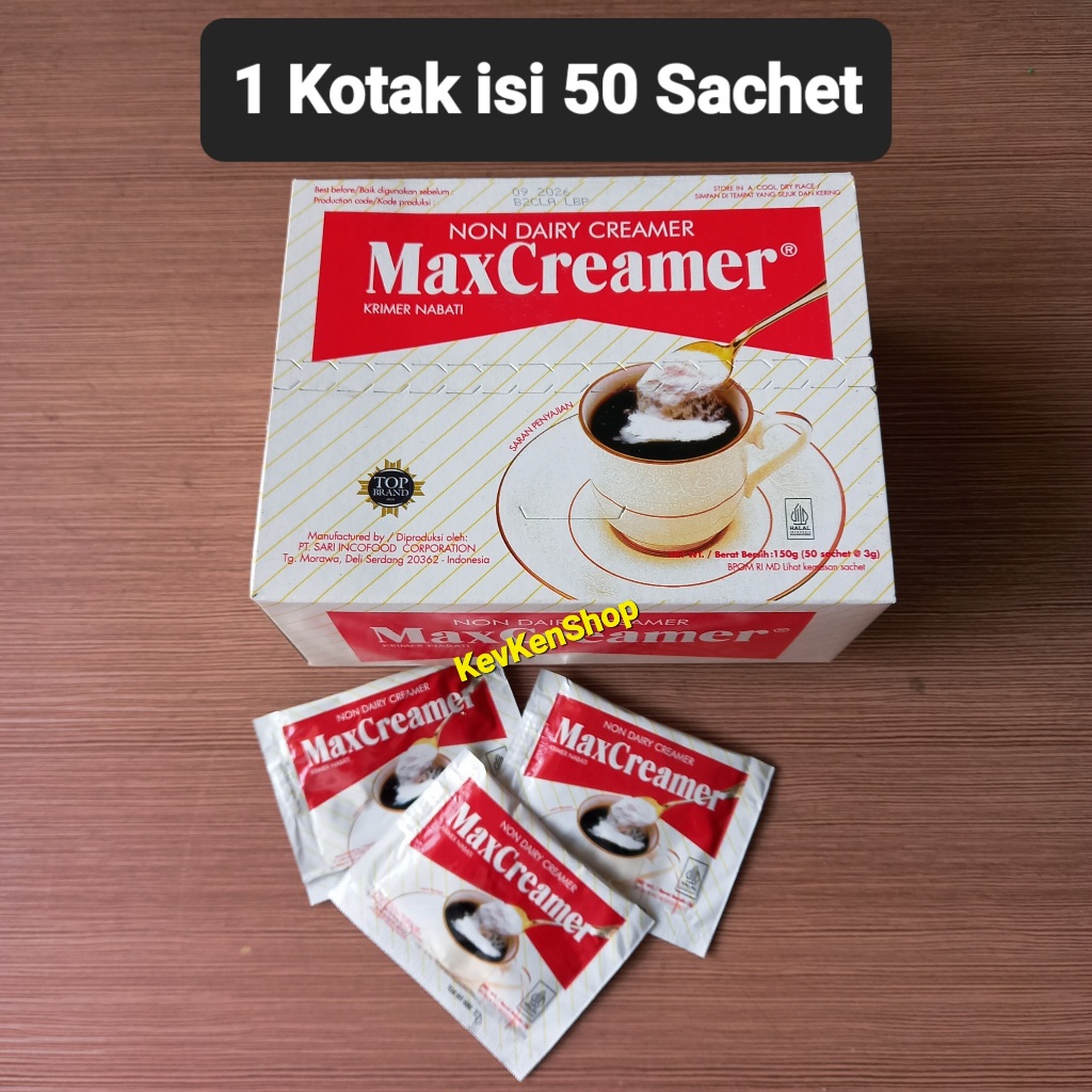 

Indocafe MaxCreamer Non Dairy Krimer Nabati Max Creamer Saset Harga per Kotak isi 50 Sachet