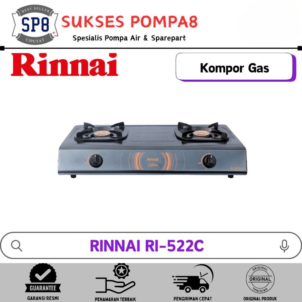 RINNAI RI-522C Kompor Gas 2 Tunggu Ceflon Kuningan