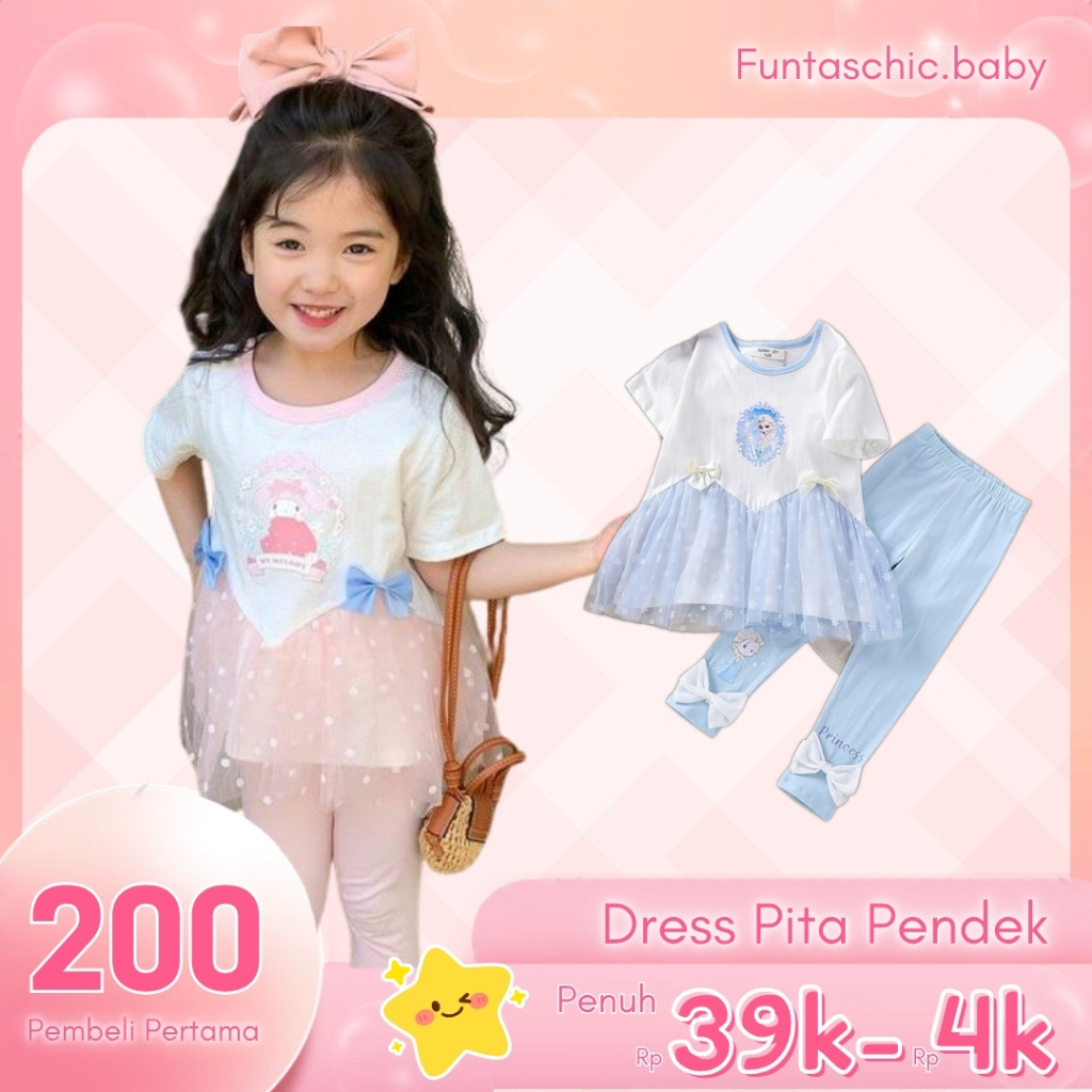 FUNTASCHIC.BABY  1-9 Tahun Baju Lebaran Anak Perempuan 2025 Setelan Tile Pita Poliester Polos Katun
