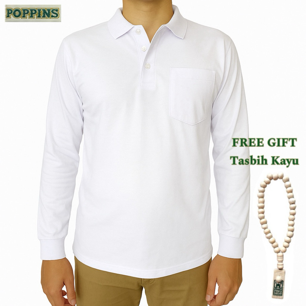 [POPPINS] Tangan panjang rib kantong polo t-shirt krah kerah wangki kaos putih polos